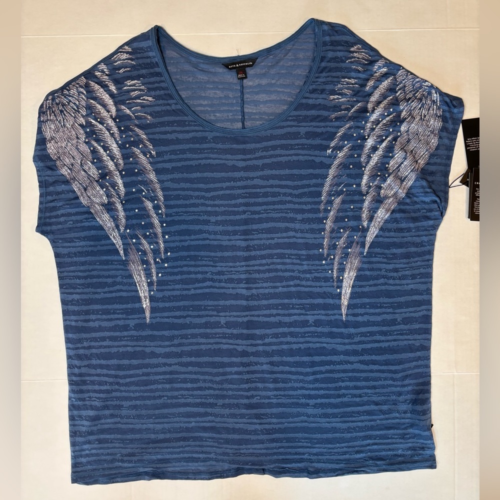 Rock & Republic blue scoop neck short sleeve shirt striped wings graphic 2X NWT